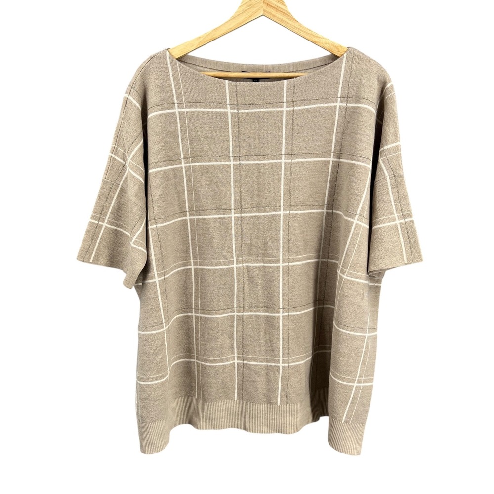 Lafayette 148 Sweater Beige Wool Windowpane Plaid Metallic Threads‎ Size M/L New